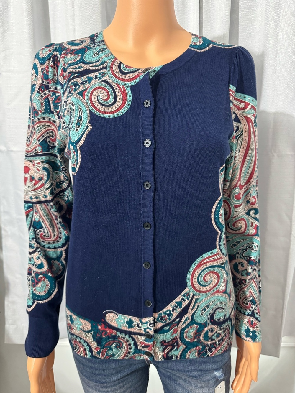 Pretty Talbots size MP navy blue print button up long sleeve cardigan sweater